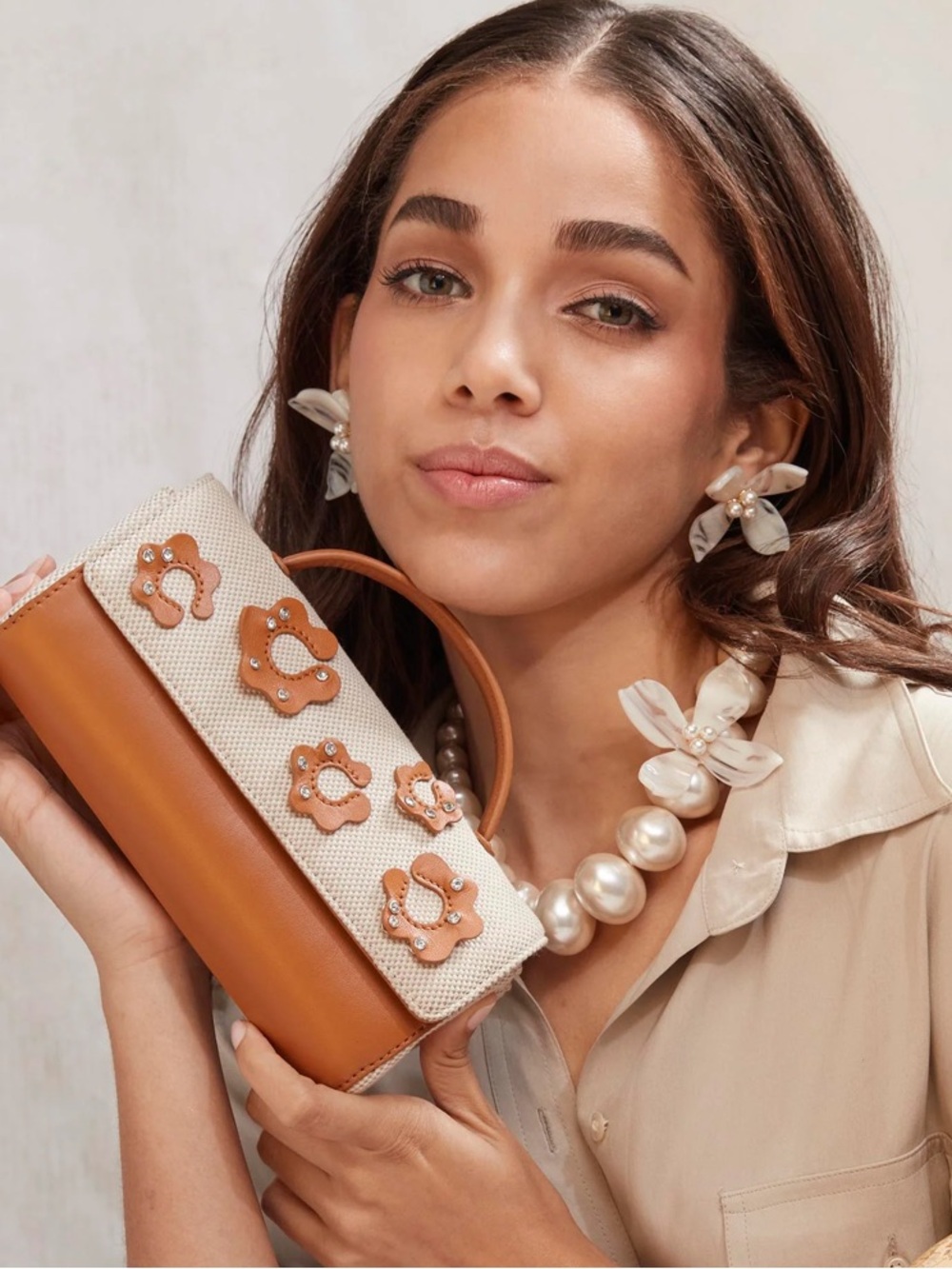 Lele Sadoughi Mini Tabitha Floral Top Handle Bag Saddle Brown